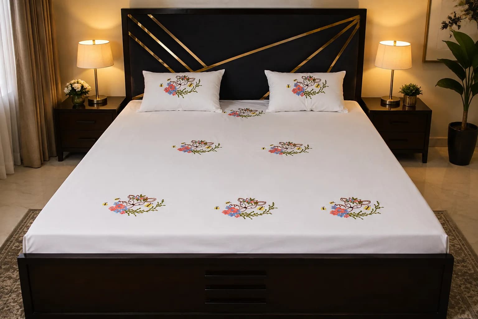 Swadha Premium Floral Bouquet Embroidered Bedsheet Set with 2 Pillow Covers | Handmade Embroidery | White Cotton Blend |
