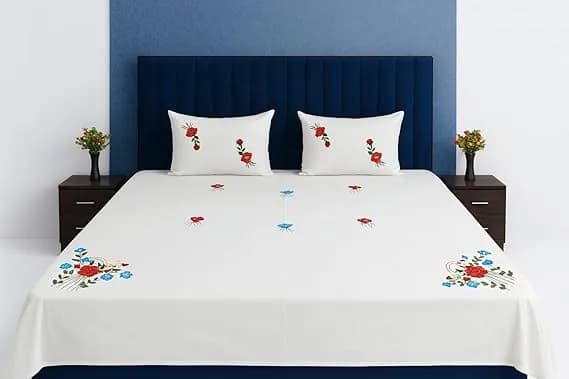 Swadha Romantic Heart Embroidered Cotton Double Bedsheet Set with 2 Pillow Covers, White and Red, Handcrafted Design for