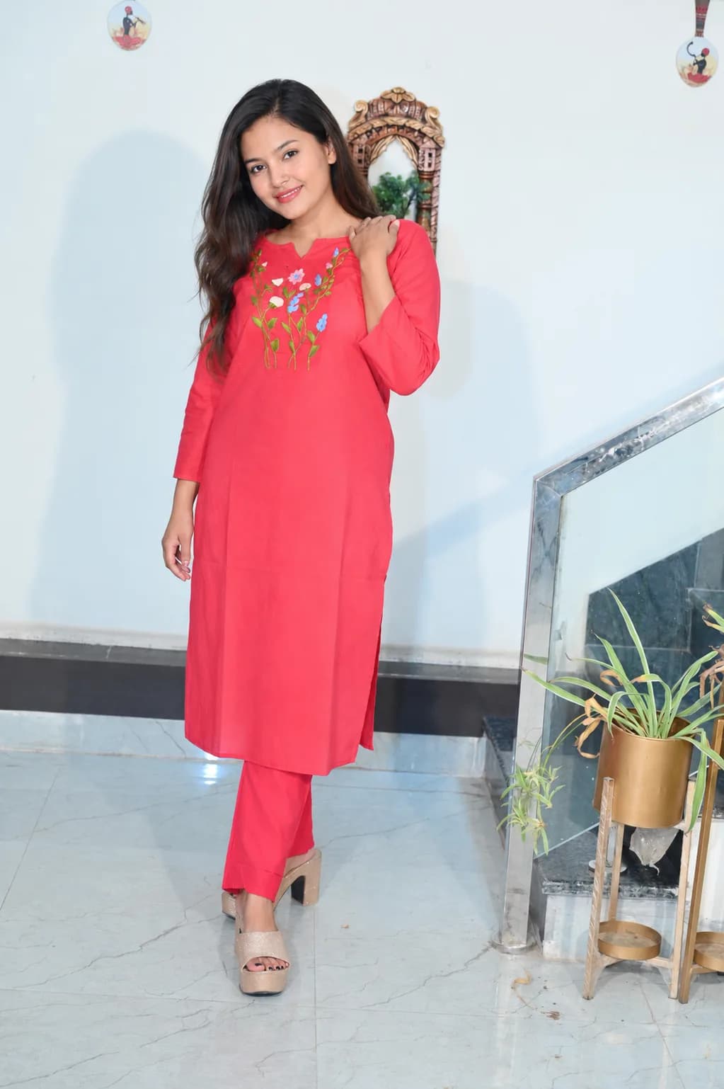 Swadha Women's Coral Pink Floral Embroidered Cotton Kurta Pant Set | Straight Fit | 3/4 Sleeves | Casual & Festive Wear