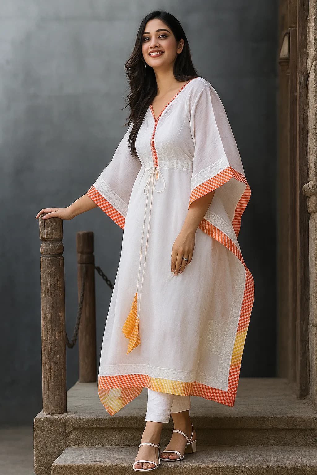 Women White Kaftan Kurta with Orange Border | Cotton Handcrafted Kurti | Summer Casual Ethnic Wear | Loose Fit Boho Dres
