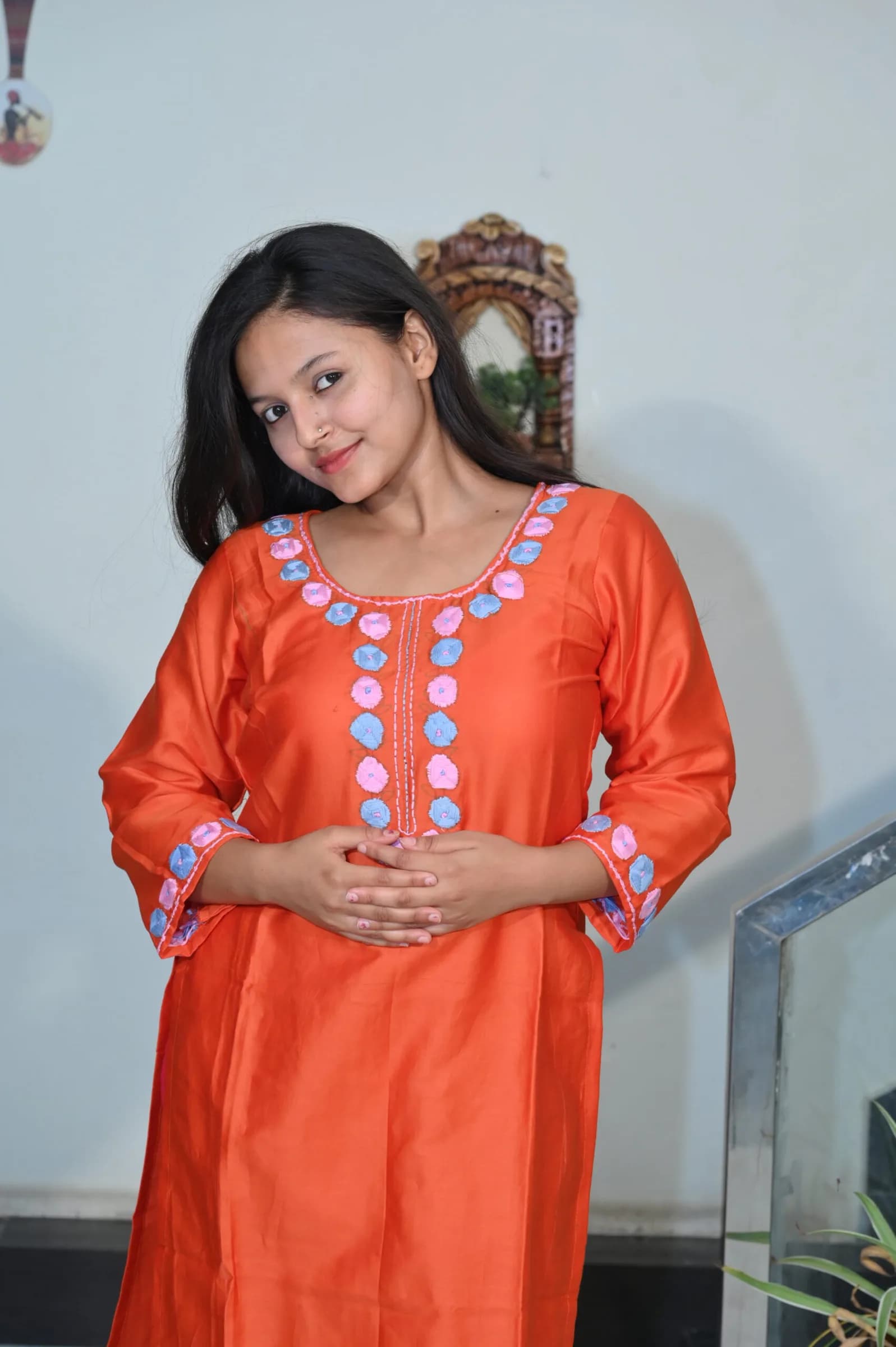 Women's Orange Embroidered Straight Kurta