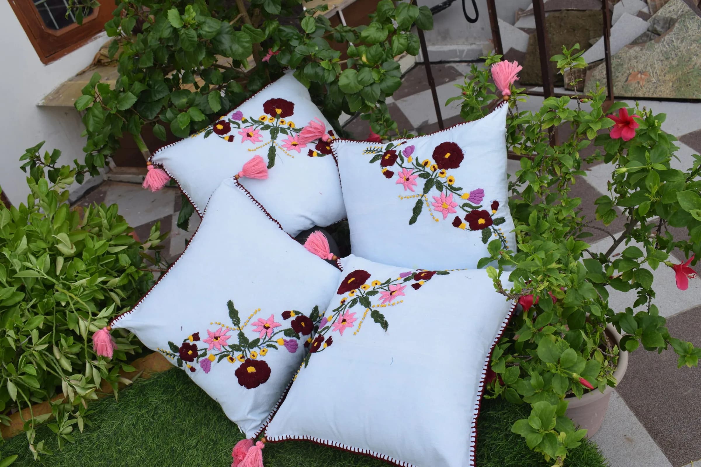 Swadha Home Décor Handcrafted Floral Embroidered Cotton Cushion Covers with Tassels, Light Blue, Pink and Burgundy Flora