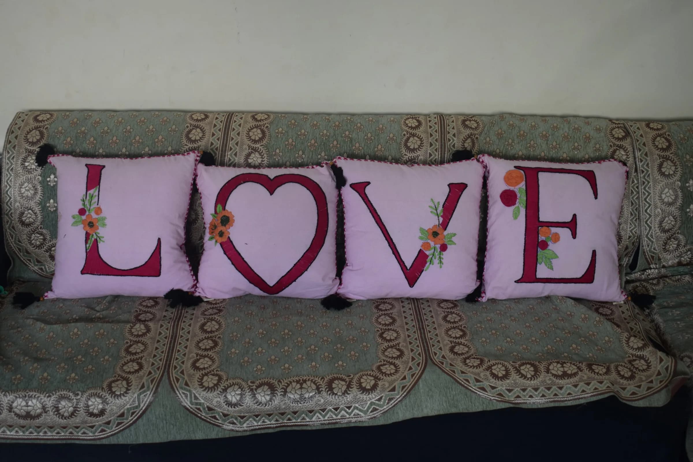 Swadha Handcrafted Love Decorative Cushion Cover Set, Pink Embroidered Floral Design with Tassels, 4 Piece Set for Livin