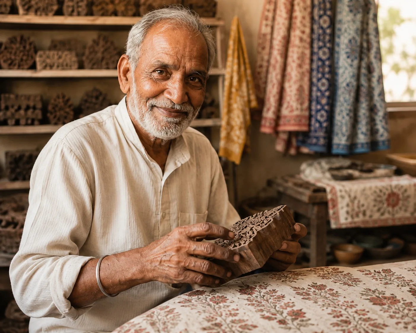 Arjun Ram, master block printer, at work