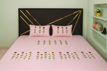 SWADHA Handmade Embroidered Cotton Bedsheet Set with 2 Pillow Covers, Pink, Floral Aari Embroidery, Soft Double Bed, Luxury Home Decor