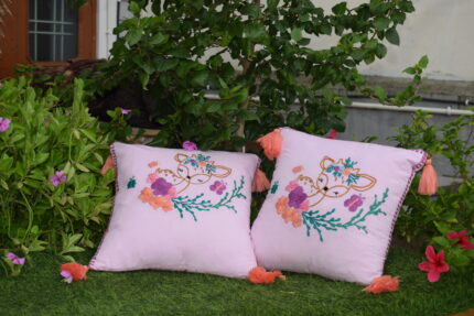 Swadha Handicraft Cotton Embroidered Cushion Cover Set, Hand Stitched Boho Decorative Floral Deer Design, Square Shape, Pink, 18x18 Inches, Set of 2, with Tassels