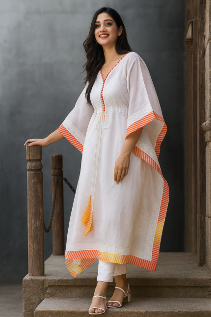 Women White Kaftan Kurta with Orange Border | Cotton Handcrafted Kurti | Summer Casual Ethnic Wear | Loose Fit Boho Dress