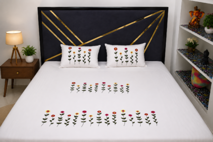 Swadha Premium Floral Embroidered White Bedsheet with 2 Pillow Covers | Handmade Embroidery | Cotton Blend | King Size