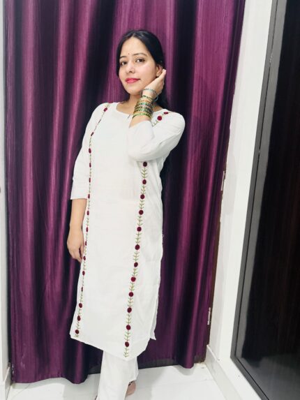 Swadha Women's Handmade Embroidered White Cotton Kurta Pant Set