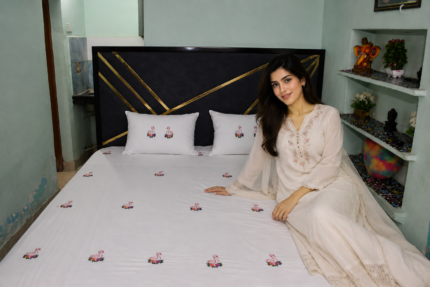 Swadha Premium Flamingo Embroidered White Double Bedsheet with 2 Pillow Covers | Handmade Embroidery | Soft Cotton Blend | King Size